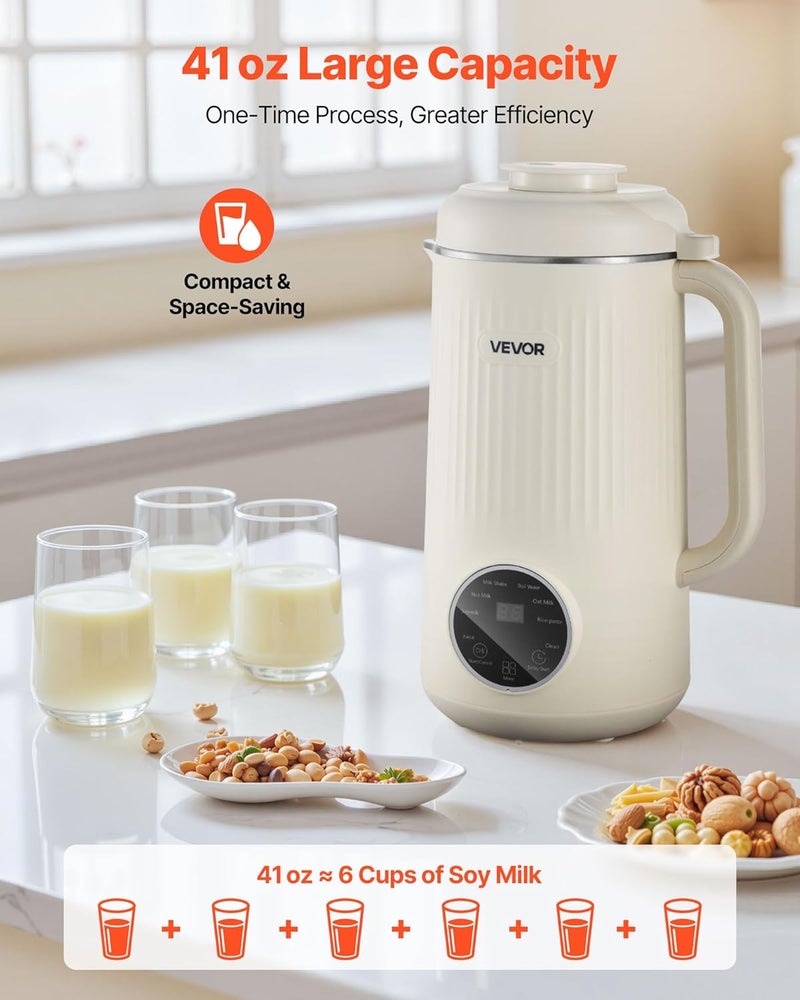 VEVOR 8-in-1 Nut Milk Maker, 41 oz Soy Milk Maker Machine with 10 Blades, for Homemade Oat, Nut, Soy, Juice, Milkshake, Rice Cereal, Plant-Based Beverages with Self-Cleaning, Boil Water, 12-Hour Delay - Image 3